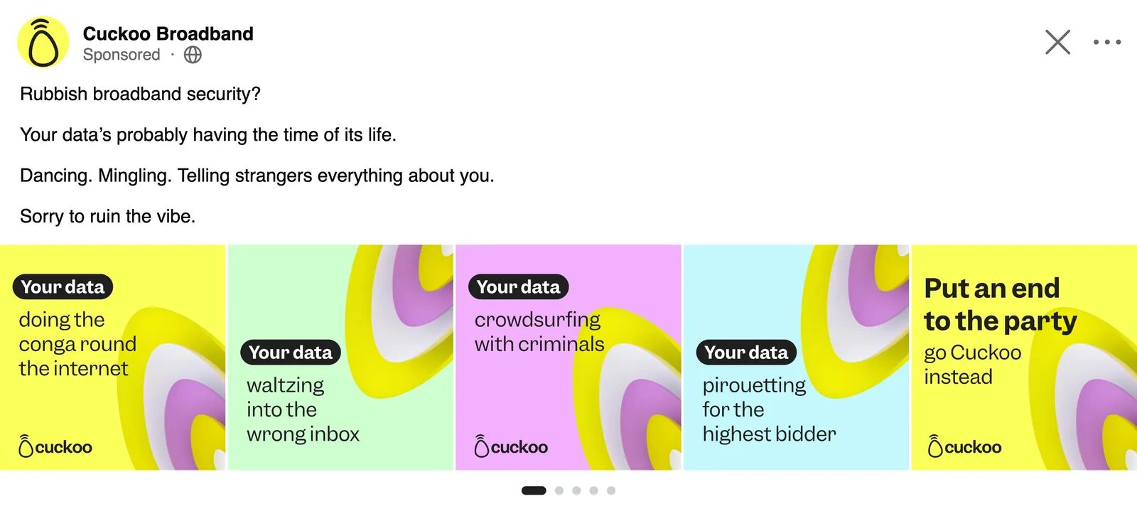 Cuckoo sponsored Instagram feed carousel โ โRubbish broadband security?โ data privacy ads
